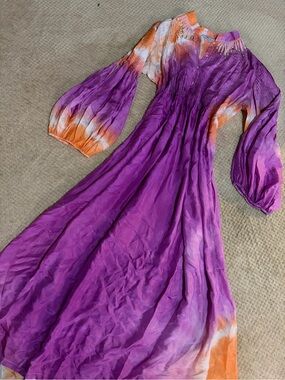 Blumarine Purple and Orange Tie-Dye Maxi Dress with Smocked Bodice